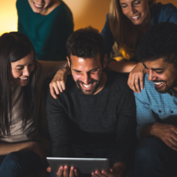 Rapport Innovative Marketing 5 People Gathered Together Smiling and Staring at the Screen of a Tablet