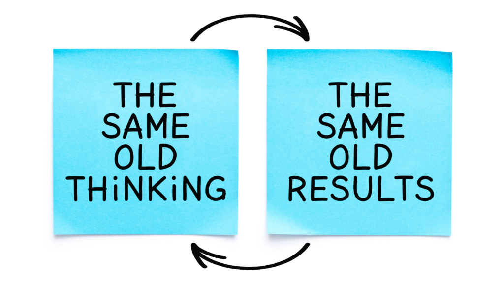 Two blue sticky notes connected by circular arrows read “The Same Old Thinking” and “The Same Old Results,” illustrating a cycle of repetitive habits.