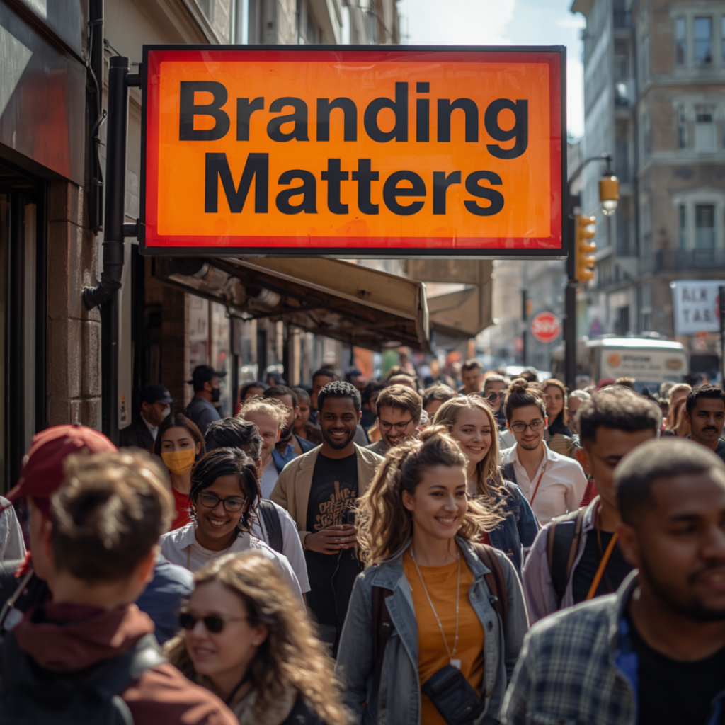 Crowd of people standing under an orange sign that says “branding matters”.