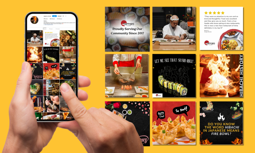 Mocked-up Instagram posts for Sapporo Hibachi Steakhouse & Sushi Bar showcasing branded content used for marketing for small business, including promotional visuals, menu highlights, and social media engagement designs.