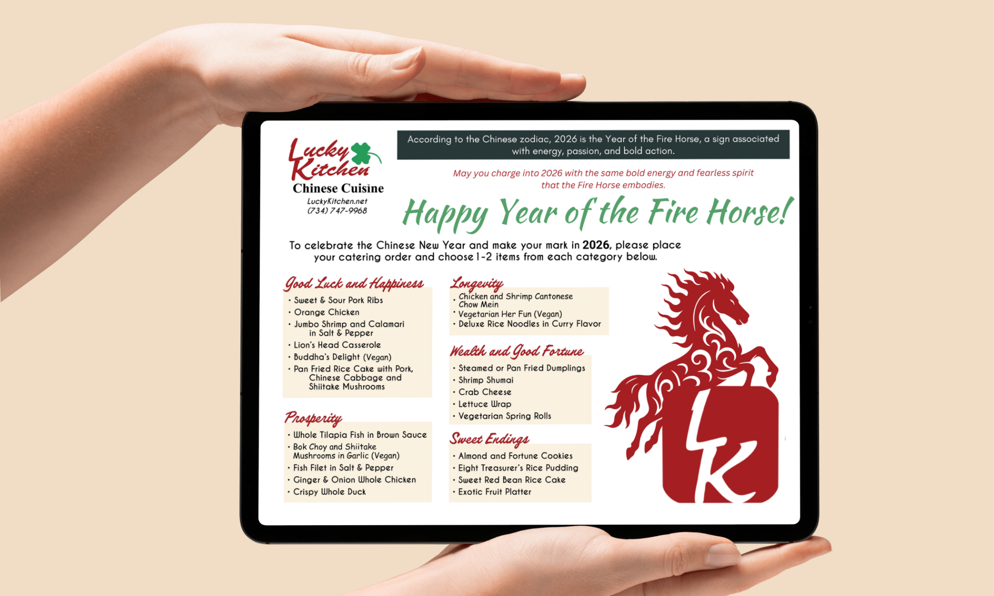 Mockup of Year of Fire Horse menu for Lucky Kitchen