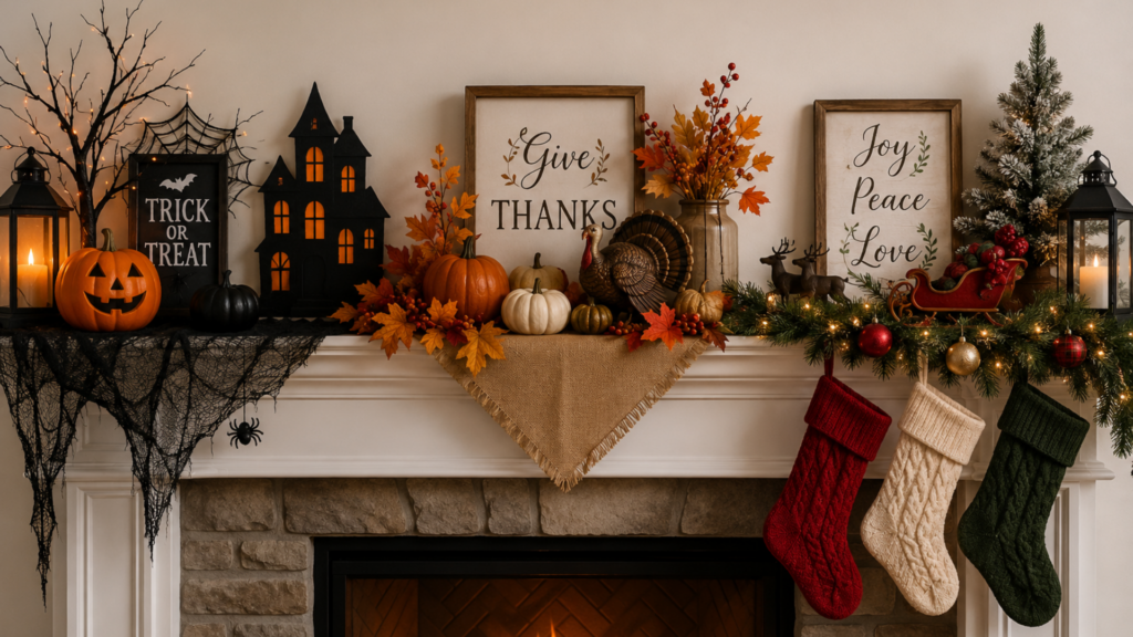 Halloween/fall set up over the fireplace.