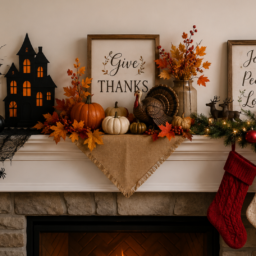 Halloween/fall set up over the fireplace.