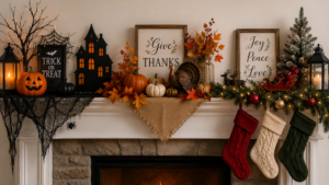 Halloween/fall set up over the fireplace.