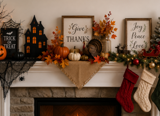 Halloween/fall set up over the fireplace.